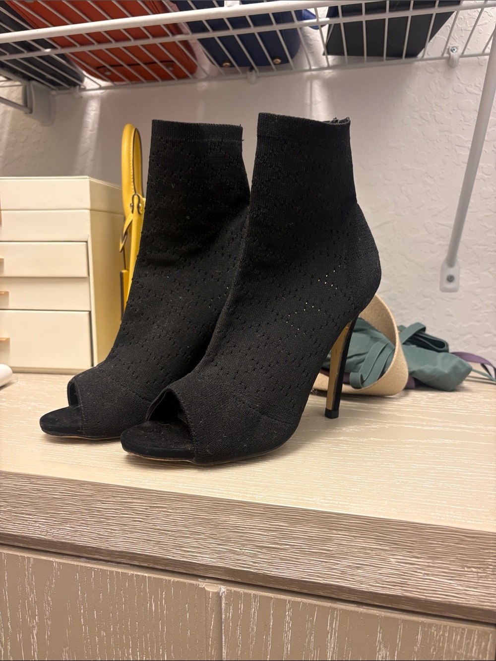 Black Peep-Toe Knit Stiletto Booties - Women